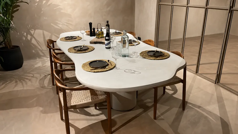 Oval dining table with a linen mineral finish